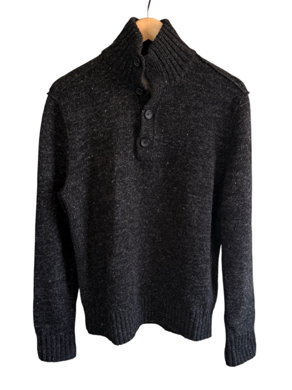 Banana Republic Heritage Men Charcoal Knit Button Mock-Neck 100% Wool Sweater L